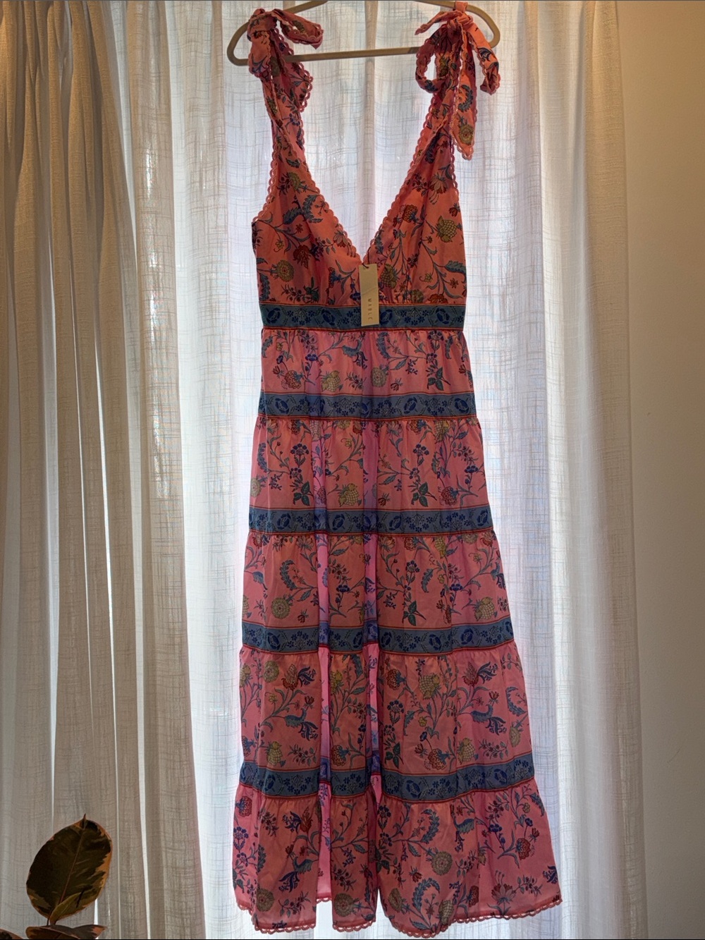 Pink Floral Midi Dress with Tie Shoulder Straps and Blue Band Accents